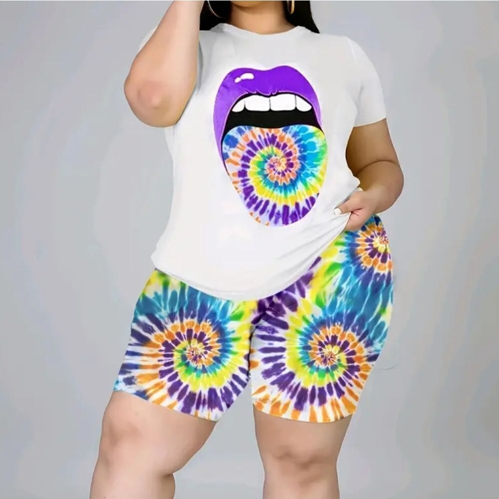 Plus Size Lip Print Short Sleeve Tee & Tie Dye Print Shorts Set Sz 4X
